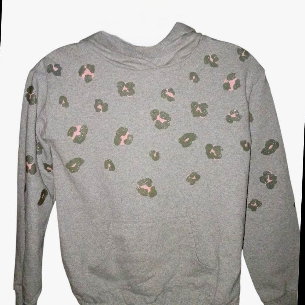 Girls grey w/ light pink leopard print hoodie